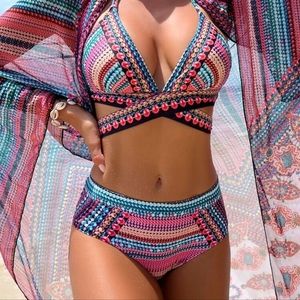 Allover Print Criss Cross Back Bikini Swimsuit & Beach Blanket